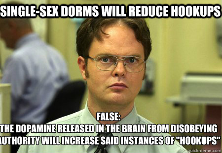 Single-sex dorms will reduce hookups False:
the dopamine released in the brain from disobeying authority will increase said instances of 