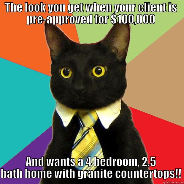 THE LOOK YOU GET WHEN YOUR CLIENT IS PRE-APPROVED FOR $100,000 AND WANTS A 4 BEDROOM, 2.5 BATH HOME WITH GRANITE COUNTERTOPS!! Business Cat