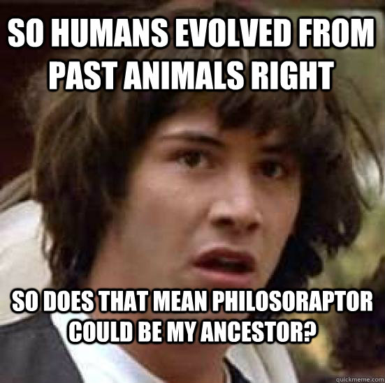 So humans evolved from past animals right So does that mean philosoraptor could be my ancestor? - So humans evolved from past animals right So does that mean philosoraptor could be my ancestor?  conspiracy keanu