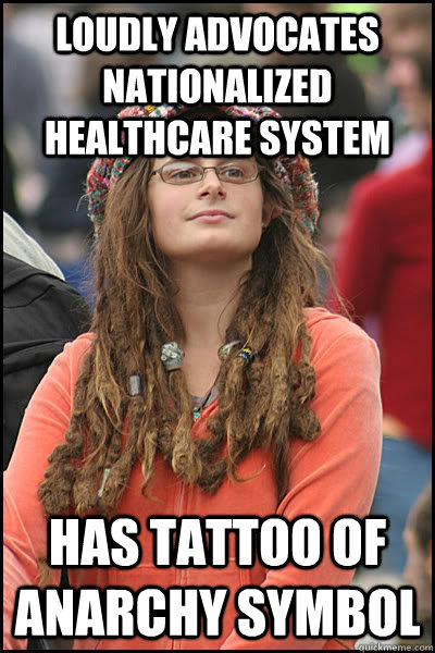 loudly advocates nationalized healthcare system has tattoo of anarchy symbol  College Liberal