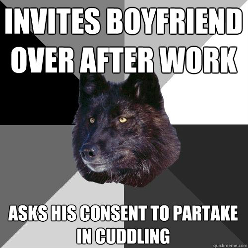 Invites boyfriend over after work Asks his consent to partake in cuddling  Sanity Wolf