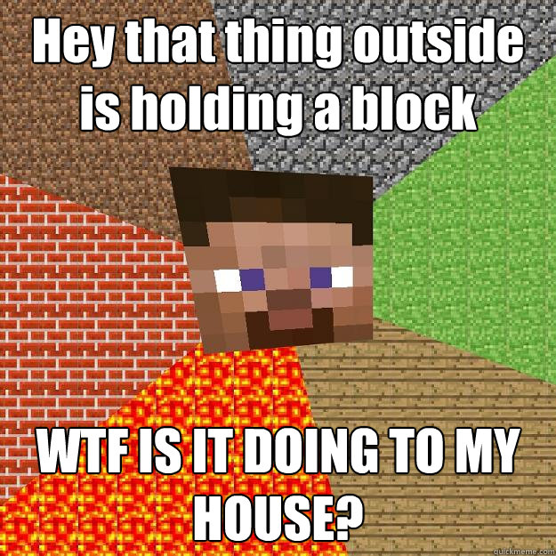 Hey that thing outside is holding a block WTF IS IT DOING TO MY HOUSE?  Minecraft