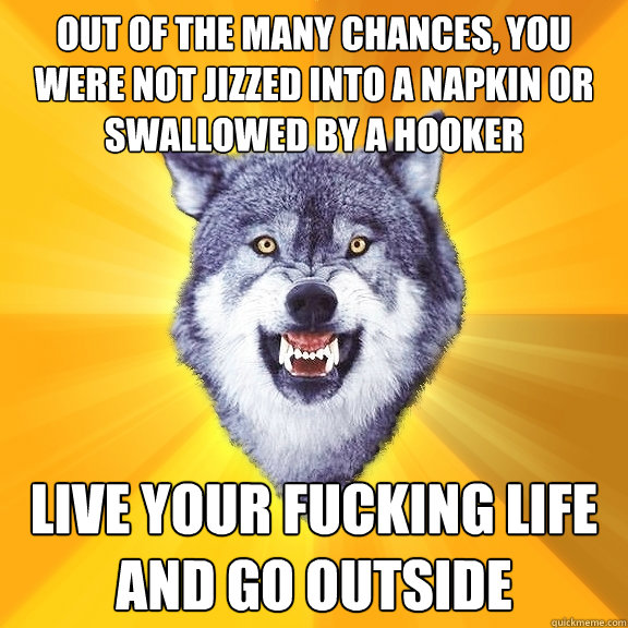 out of the many chances, you were not jizzed into a napkin or swallowed by a hooker live your fucking life and go outside - out of the many chances, you were not jizzed into a napkin or swallowed by a hooker live your fucking life and go outside  Courage Wolf