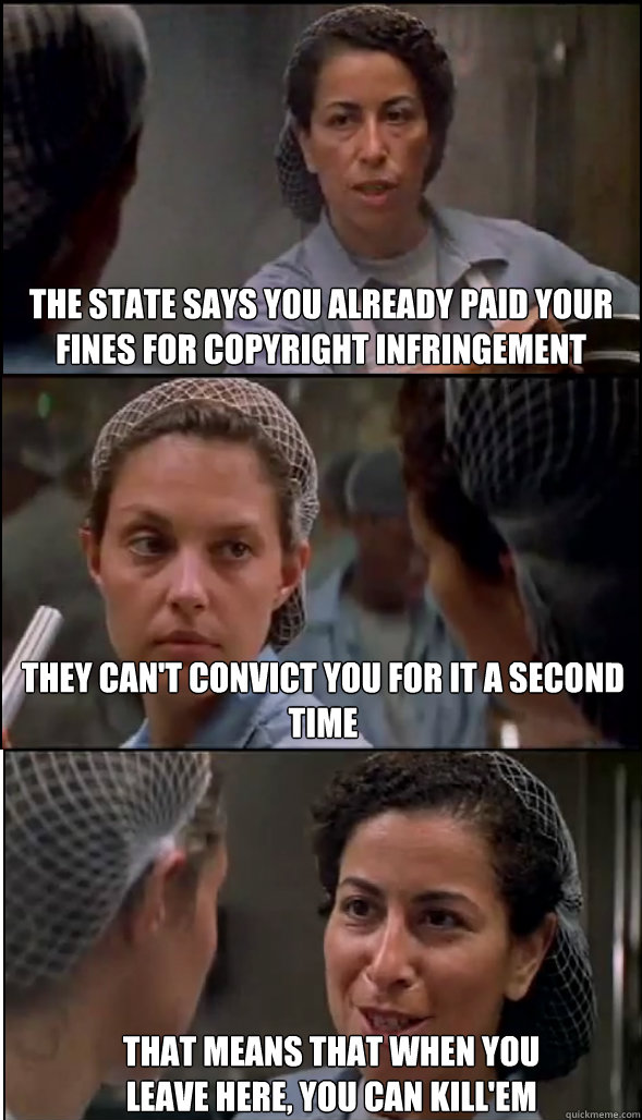 The State says you already paid your fines for copyright infringement They can't convict you for it a second time that means that when you leave here, you can kill'em  Double Jeopardy