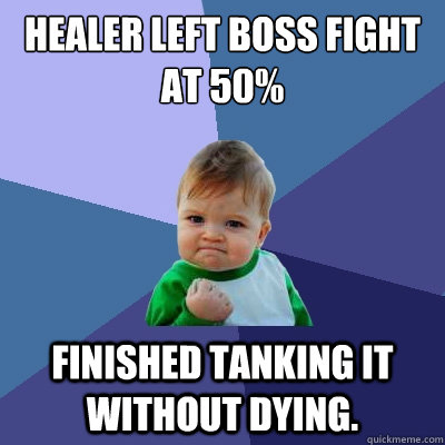 Healer left boss fight at 50% Finished tanking it without dying.  Success Kid