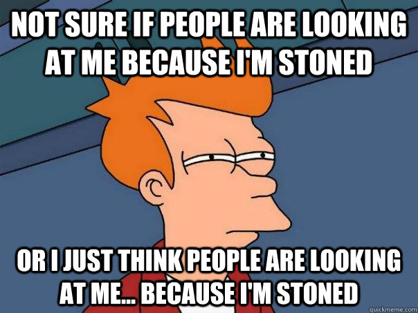 Not sure if people are looking at me because I'm stoned Or I just think people are looking at me... because I'm stoned - Not sure if people are looking at me because I'm stoned Or I just think people are looking at me... because I'm stoned  Futurama Fry