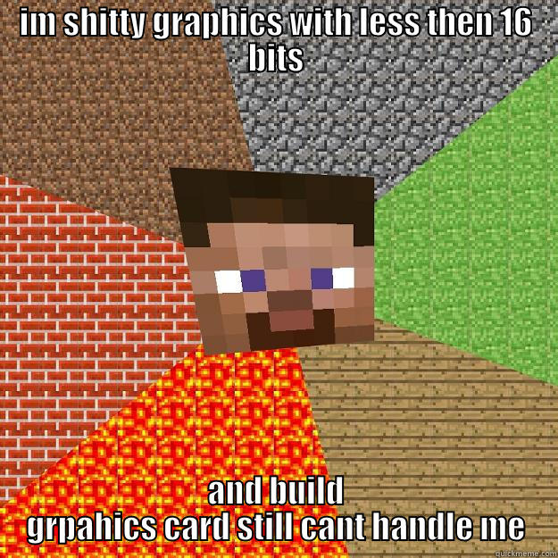 IM SHITTY GRAPHICS WITH LESS THEN 16 BITS AND BUILD GRPAHICS CARD STILL CANT HANDLE ME Minecraft