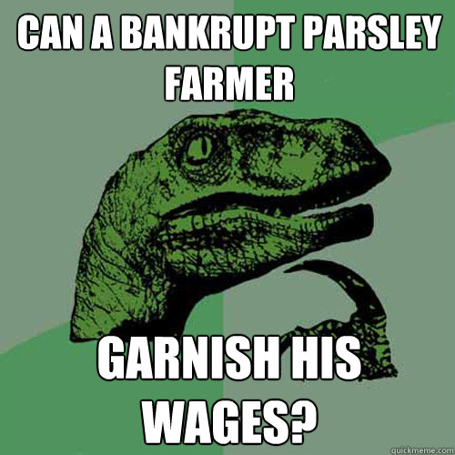 Can a bankrupt parsley farmer garnish his wages? - Can a bankrupt parsley farmer garnish his wages?  Philosoraptor