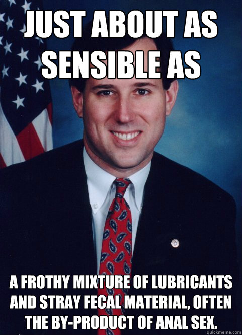 Just about as sensible as A Frothy Mixture of lubricants and stray fecal material, often the by-product of anal sex.  Scumbag Santorum