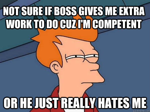 not sure if boss gives me extra work to do cuz I'm competent  or he just really hates me  Futurama Fry