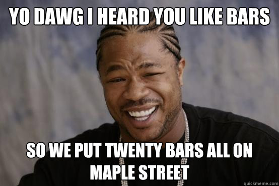 YO DAWG I HEARD YOU LIKE BARS SO WE PUT TWENTY BARS ALL ON MAPLE STREET  YO DAWG