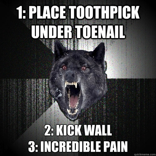 1: Place toothpick under toenail 2: kick wall 
3: Incredible pain - 1: Place toothpick under toenail 2: kick wall 
3: Incredible pain  Insanity Wolf