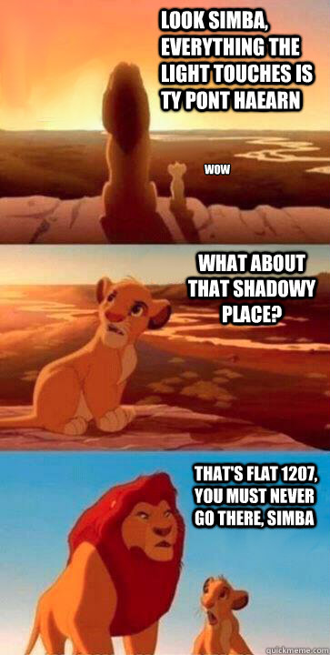 look simba, everything the light touches is Ty Pont Haearn what about that shadowy place? that's flat 1207, you must never go there, simba WOW - look simba, everything the light touches is Ty Pont Haearn what about that shadowy place? that's flat 1207, you must never go there, simba WOW  SIMBA