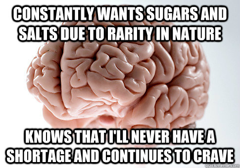 Constantly wants sugars and salts due to rarity in nature knows that I'll never have a shortage and continues to crave  Scumbag Brain