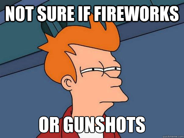 Not sure if fireworks or gunshots  Futurama Fry