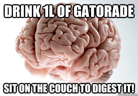 Drink 1L of gatorade Sit on the couch to digest it!  Scumbag Brain