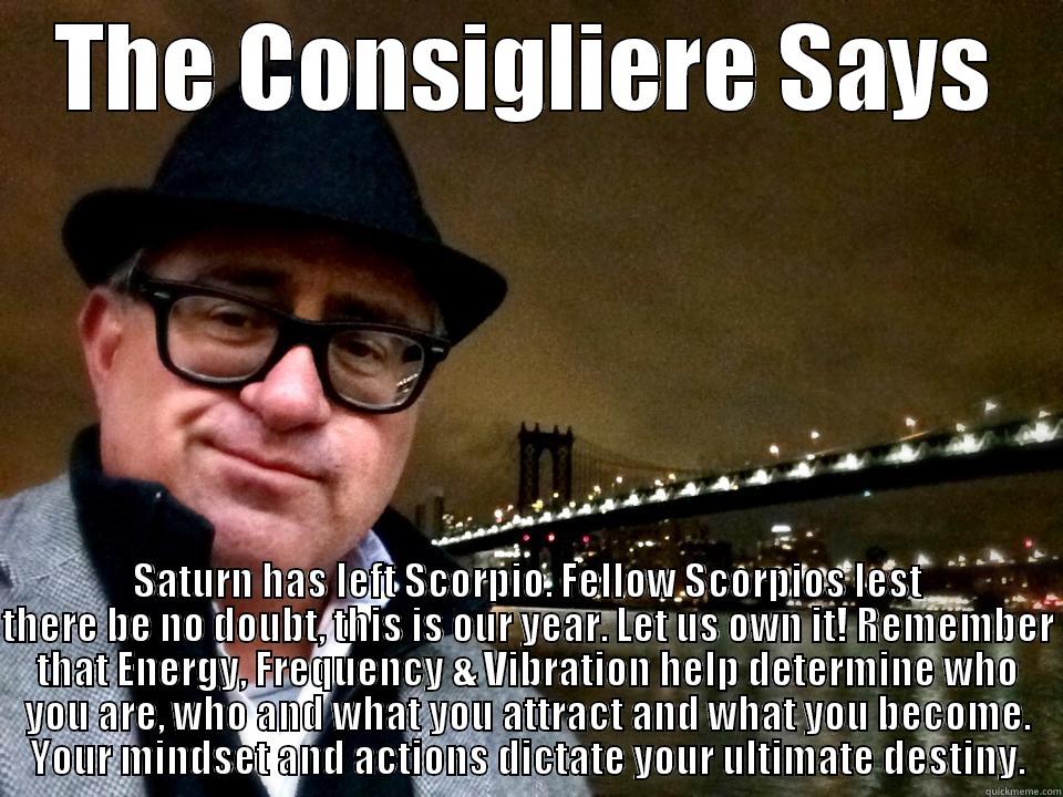 The Consigliere Says - THE CONSIGLIERE SAYS SATURN HAS LEFT SCORPIO. FELLOW SCORPIOS LEST THERE BE NO DOUBT, THIS IS OUR YEAR. LET US OWN IT! REMEMBER THAT ENERGY, FREQUENCY & VIBRATION HELP DETERMINE WHO YOU ARE, WHO AND WHAT YOU ATTRACT AND WHAT YOU BECOME. YOUR MINDSET AND ACTIONS DICTATE YOUR U Misc