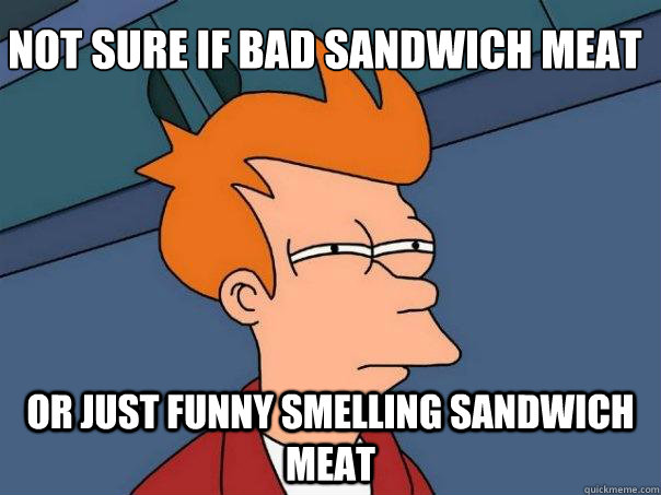 Not sure if bad sandwich meat Or just funny smelling sandwich meat  Futurama Fry