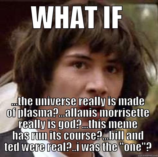 WHAT IF ...THE UNIVERSE REALLY IS MADE OF PLASMA?...ALLANIS MORRISETTE REALLY IS GOD?...THIS MEME HAS RUN ITS COURSE?...BILL AND TED WERE REAL?..I WAS THE 