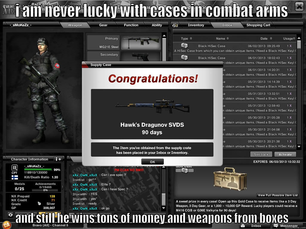 I AM NEVER LUCKY WITH CASES IN COMBAT ARMS AND STILL HE WINS TONS OF MONEY AND WEAPONS FROM BOXES Misc