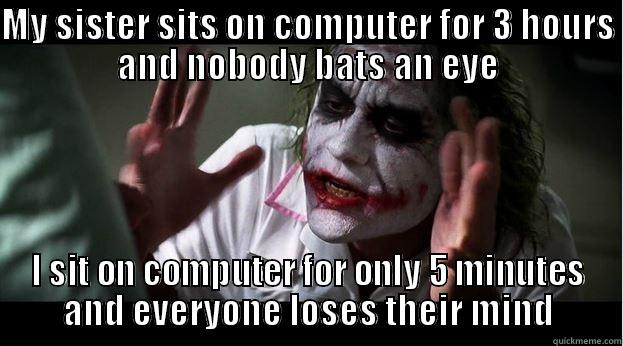 MY SISTER SITS ON COMPUTER FOR 3 HOURS AND NOBODY BATS AN EYE I SIT ON COMPUTER FOR ONLY 5 MINUTES AND EVERYONE LOSES THEIR MIND Joker Mind Loss