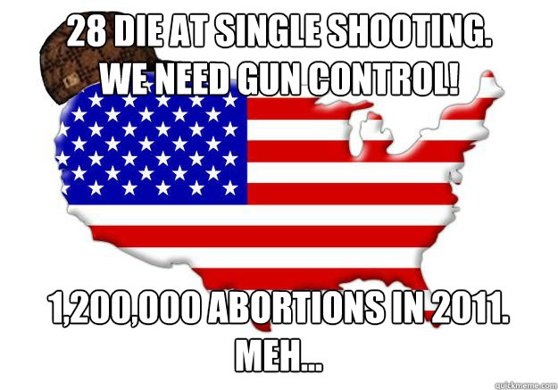 28 die at single shooting.
we need gun control! 1,200,000 abortions in 2011.
meh...  Scumbag america