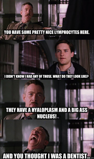 You have some pretty nice lymphocytes here. I didn't know I had any of those. What do they look like? They have a hyaloplasm and a big ASS nucleus! And you thought I was a dentist... - You have some pretty nice lymphocytes here. I didn't know I had any of those. What do they look like? They have a hyaloplasm and a big ASS nucleus! And you thought I was a dentist...  JJ Jameson