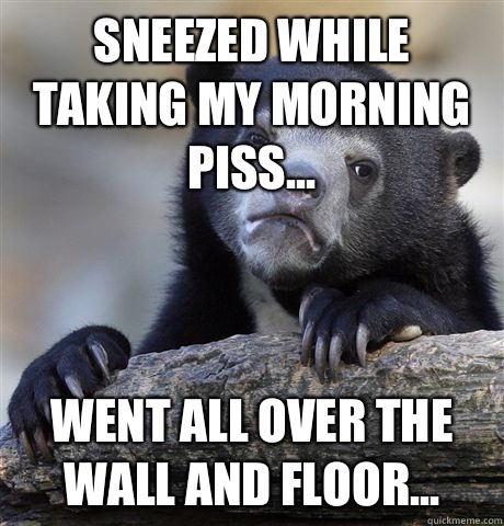 Sneezed while taking my morning piss... Went all over the wall and floor...  Confession Bear