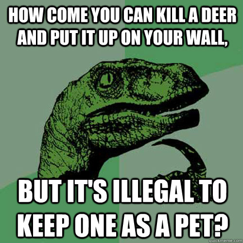 How come you can kill a deer and put it up on your wall, but it's illegal to keep one as a pet?  Philosoraptor