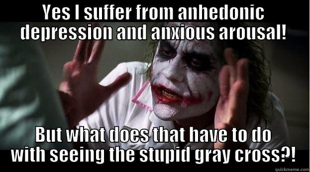 YES I SUFFER FROM ANHEDONIC DEPRESSION AND ANXIOUS AROUSAL! BUT WHAT DOES THAT HAVE TO DO WITH SEEING THE STUPID GRAY CROSS?! Joker Mind Loss