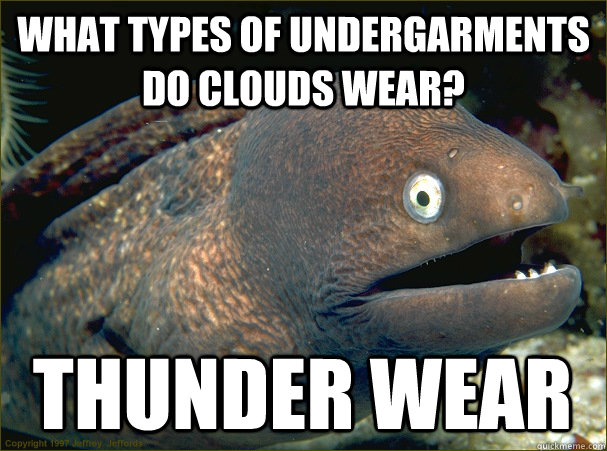 What types of undergarments do clouds wear?  Thunder wear  Bad Joke Eel