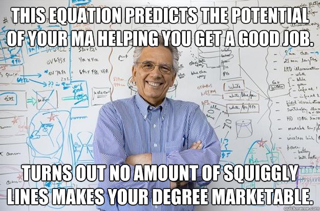 This equation predicts the potential of your MA helping you get a good job. Turns out no amount of squiggly lines makes your degree marketable. - This equation predicts the potential of your MA helping you get a good job. Turns out no amount of squiggly lines makes your degree marketable.  Engineering Professor