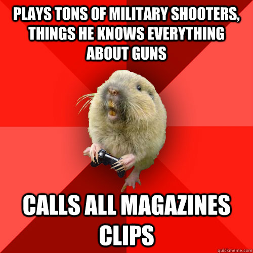 Plays tons of military shooters, things he knows everything about guns calls all magazines clips  Gaming Gopher