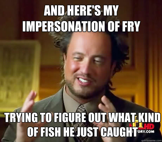 And here's my impersonation of Fry trying to figure out what kind of fish he just caught  Ancient Aliens