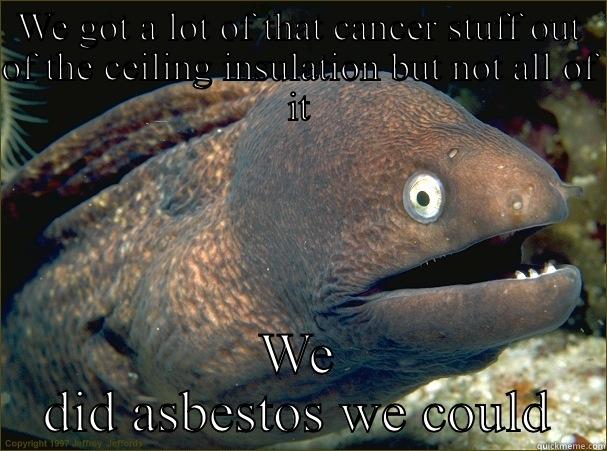 WE GOT A LOT OF THAT CANCER STUFF OUT OF THE CEILING INSULATION BUT NOT ALL OF IT WE DID ASBESTOS WE COULD Bad Joke Eel