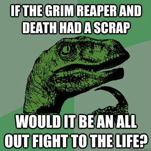 if the grim reaper and death had a scrap would it be an all out fight to the life?  Philosoraptor