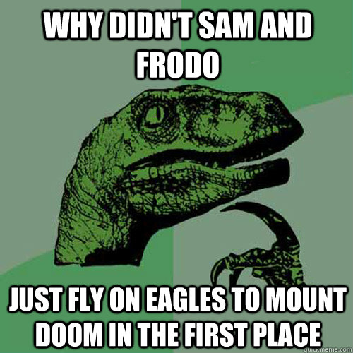 why didn't sam and frodo just fly on eagles to mount doom in the first place - why didn't sam and frodo just fly on eagles to mount doom in the first place  Philosoraptor