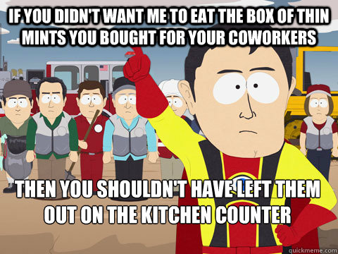 if you didn't want me to eat the box of thin mints you bought for your coworkers then you shouldn't have left them out on the kitchen counter  Captain Hindsight