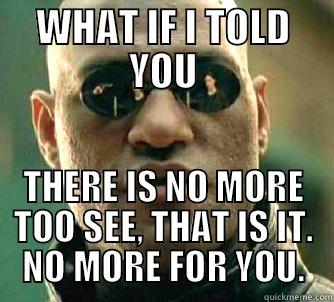 WHAT IF I TOLD YOU THERE IS NO MORE TOO SEE, THAT IS IT. NO MORE FOR YOU. Matrix Morpheus