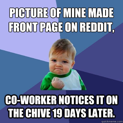 Picture of mine made front page on reddit, co-worker notices it on the chive 19 days later.  Success Kid