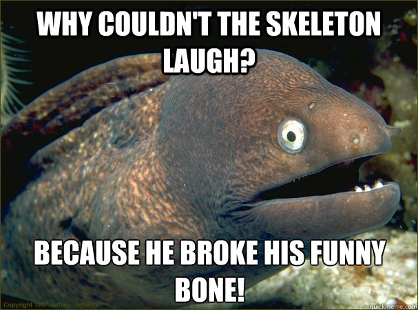 Why couldn't the skeleton laugh? Because he broke his funny bone! - Why couldn't the skeleton laugh? Because he broke his funny bone!  Bad Joke Eel