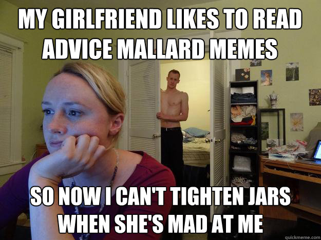 My girlfriend likes to read advice mallard memes so now i can't tighten jars when she's mad at me - My girlfriend likes to read advice mallard memes so now i can't tighten jars when she's mad at me  Redditors Boyfriend