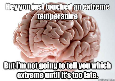 Hey you just touched an extreme temperature But I'm not going to tell you which extreme until it's too late. - Hey you just touched an extreme temperature But I'm not going to tell you which extreme until it's too late.  Scumbag Brain