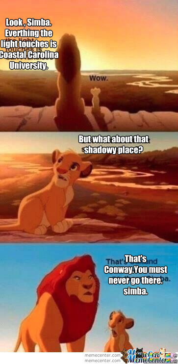 Look , Simba. Everthing the light touches is Coastal Carolina University. But what about that shadowy place?
 That's Conway.You must never go there. simba.   