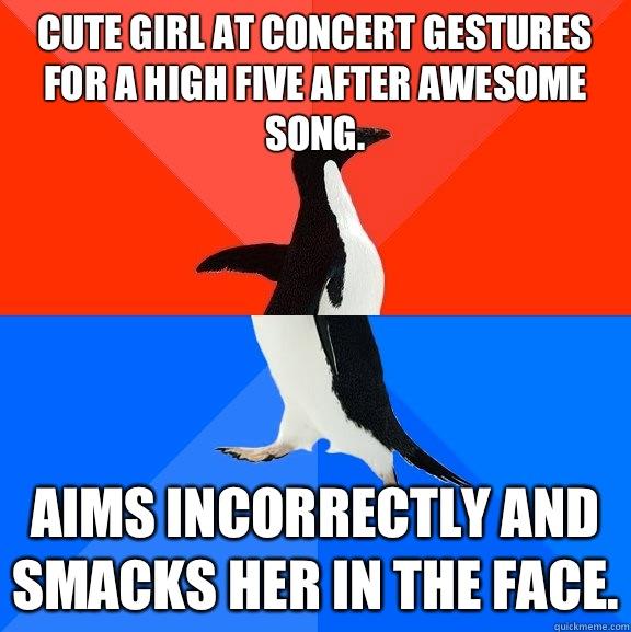 Cute girl at concert gestures for a high five after awesome song. Aims incorrectly and smacks her in the face. - Cute girl at concert gestures for a high five after awesome song. Aims incorrectly and smacks her in the face.  Socially Awesome Awkward Penguin