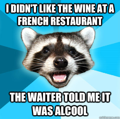 I DIDN'T LIKE THE WINE AT A FRENCH RESTAURANT THE WAITER TOLD ME IT WAS ALCOOL - I DIDN'T LIKE THE WINE AT A FRENCH RESTAURANT THE WAITER TOLD ME IT WAS ALCOOL  Lame Pun Coon