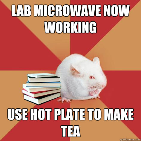 lab microwave now working use hot plate to make tea  Science Major Mouse