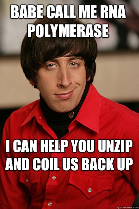 Babe call me RNA polymerase  I can help you unzip and coil us back up - Babe call me RNA polymerase  I can help you unzip and coil us back up  Pickup Line Scientist