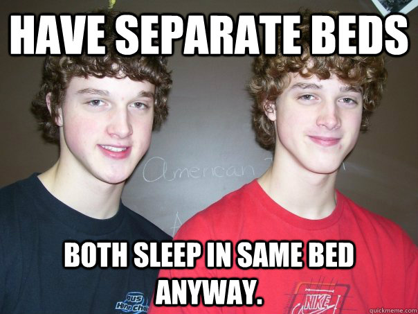 Have separate beds Both sleep in same bed anyway. - Have separate beds Both sleep in same bed anyway.  Gay Twins