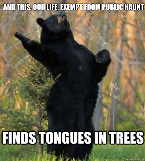 And this, our life, exempt from public haunt Finds tongues in trees  Shakesbear